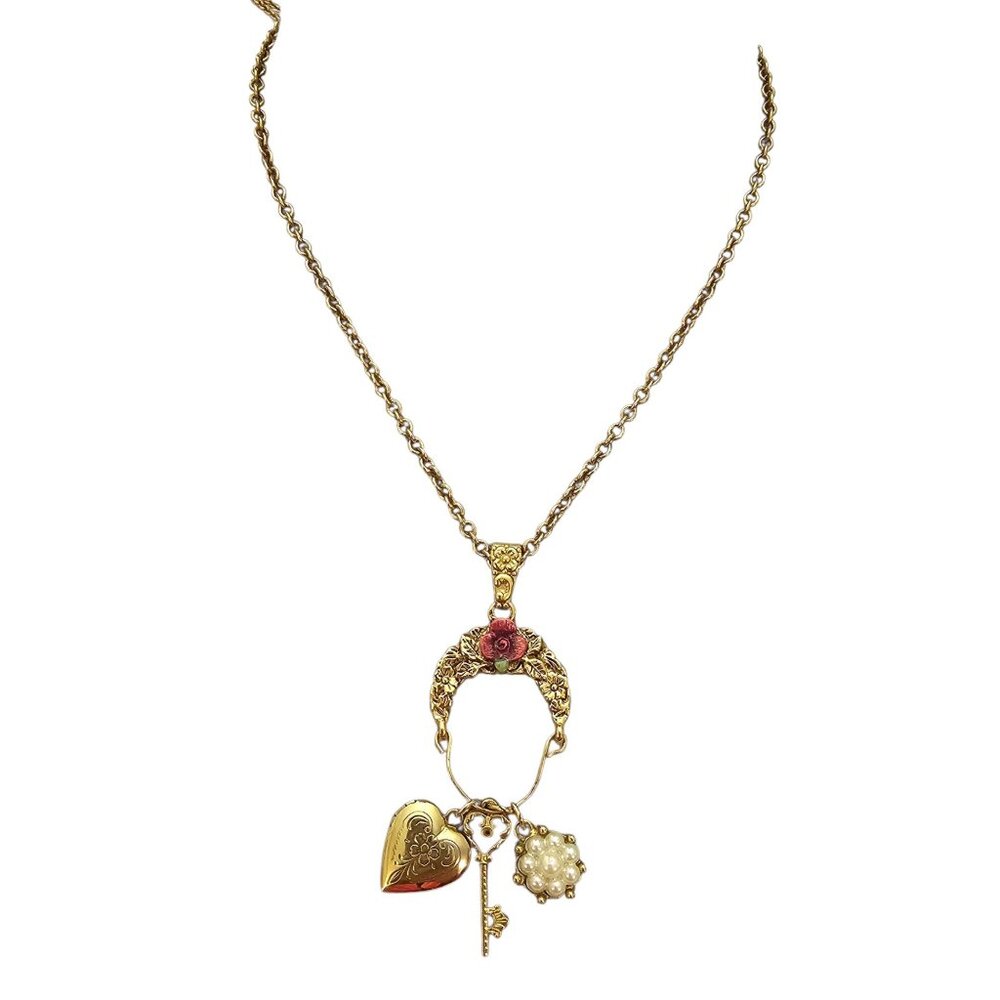 1928 Brand Rose Charms Pendant Necklace Locket Key Flower, Signed
